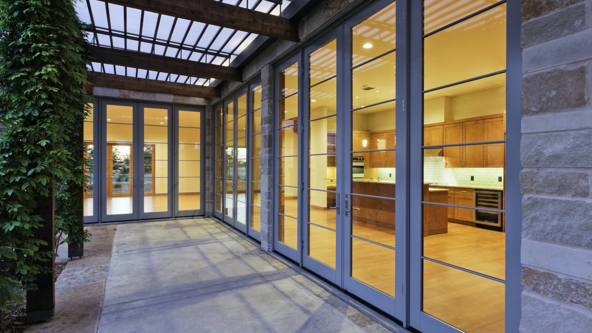 Modern Home Kitchen Through Glass Doors